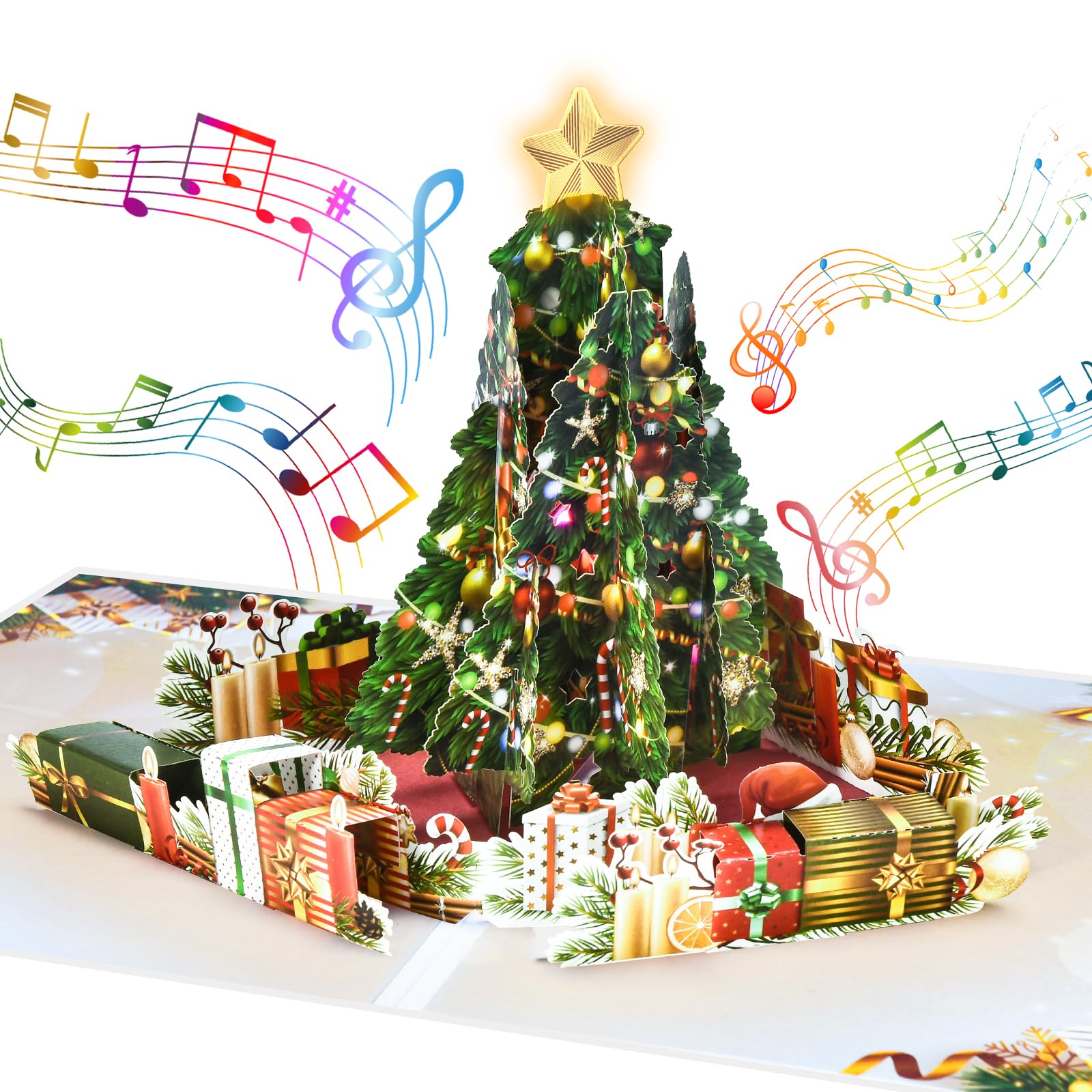 Venhoo Pop Up Christmas Cards with Light and Music, Christmas Tree Design, Handmade 3D Popup Musical Greeting Card for Christmas Holiday Includes Envelop, Playing-We Wish You a Merry Christmas