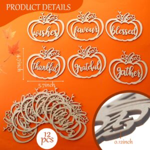 Qunclay 12 Pcs Thanksgiving Plate Decor Pumpkin Wood Cutouts Fall Thankful Blessed Thanksgiving Table Decor Fall Word Plate Sign Place Cards Settings for Autumn Rustic Letter Decorations