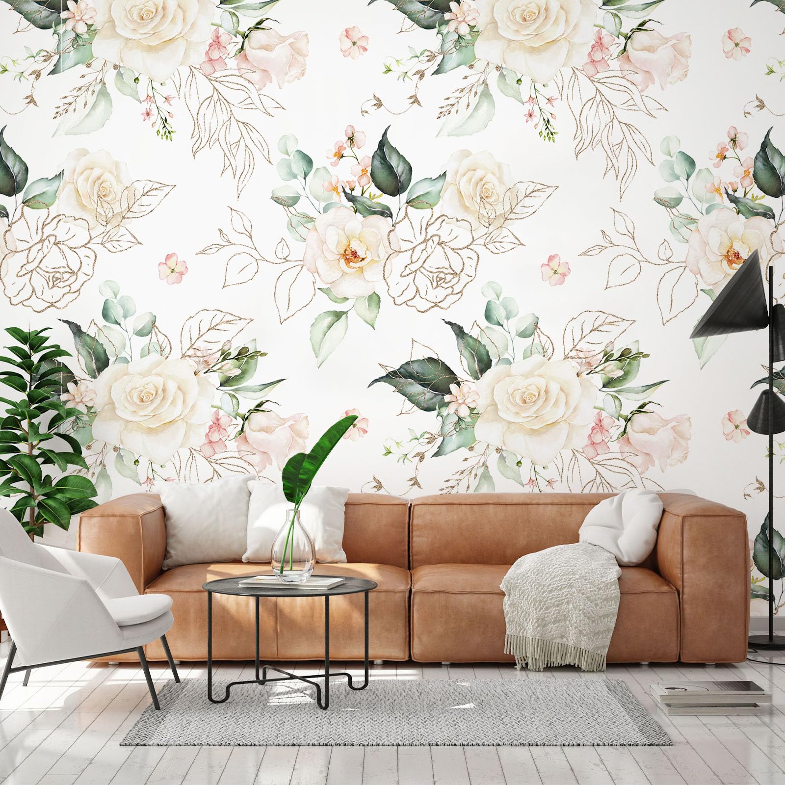 BaoHArtHome Floral Wallpaper Paper Peel and Stick Contact Paper Removable Pink Gold Leaf Easy Peel Off Vinyl Wallpaper Self Adhesive for Bedroom Living Cabinet Room Deco 17.7 in x6.6ft