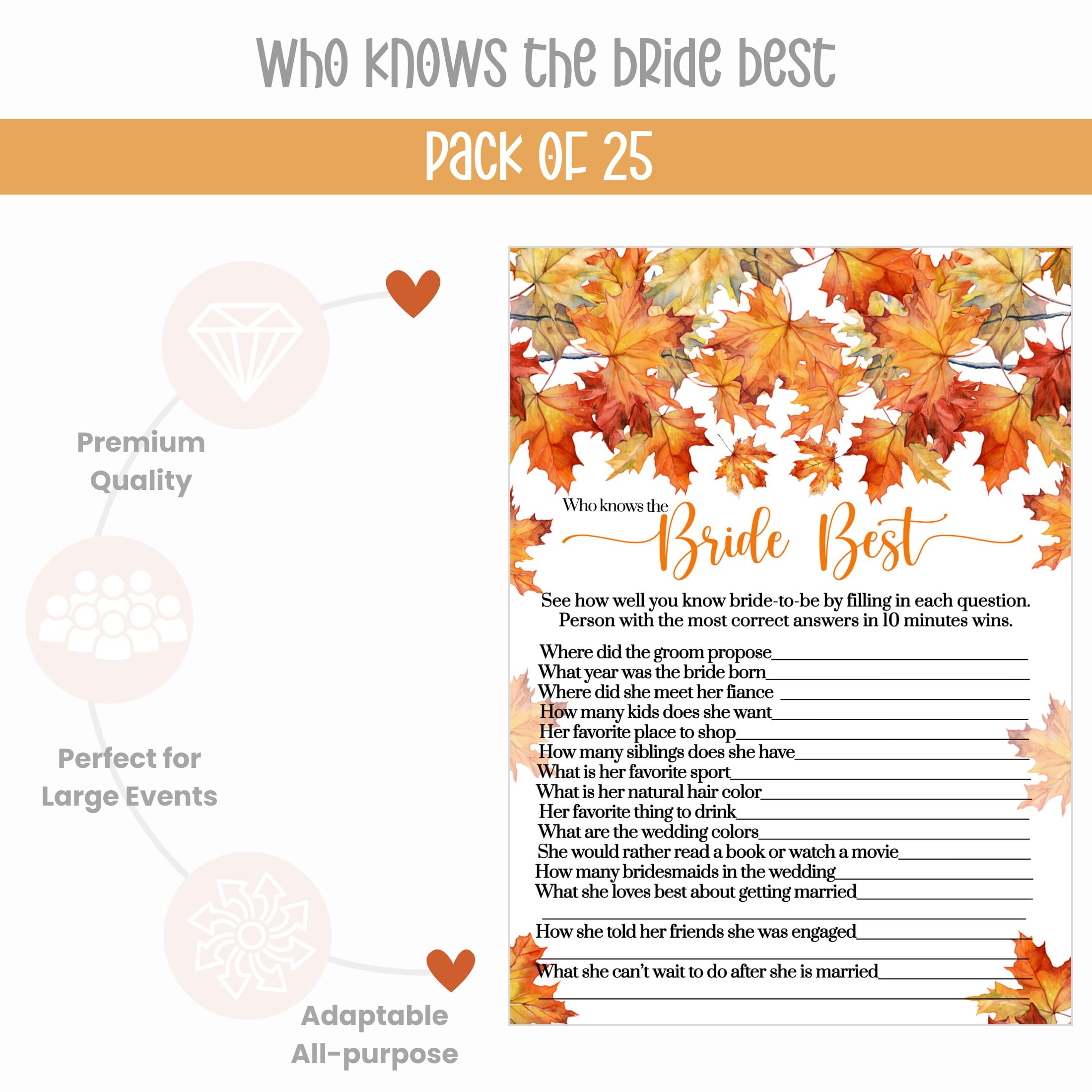 Fall in Love Bridal Shower Games – 25 Pack, He Said She Said & Bride Best, Fun Wedding Reception Activities, Couples Engagement Party, Boho Decor, Double-Sided Cards