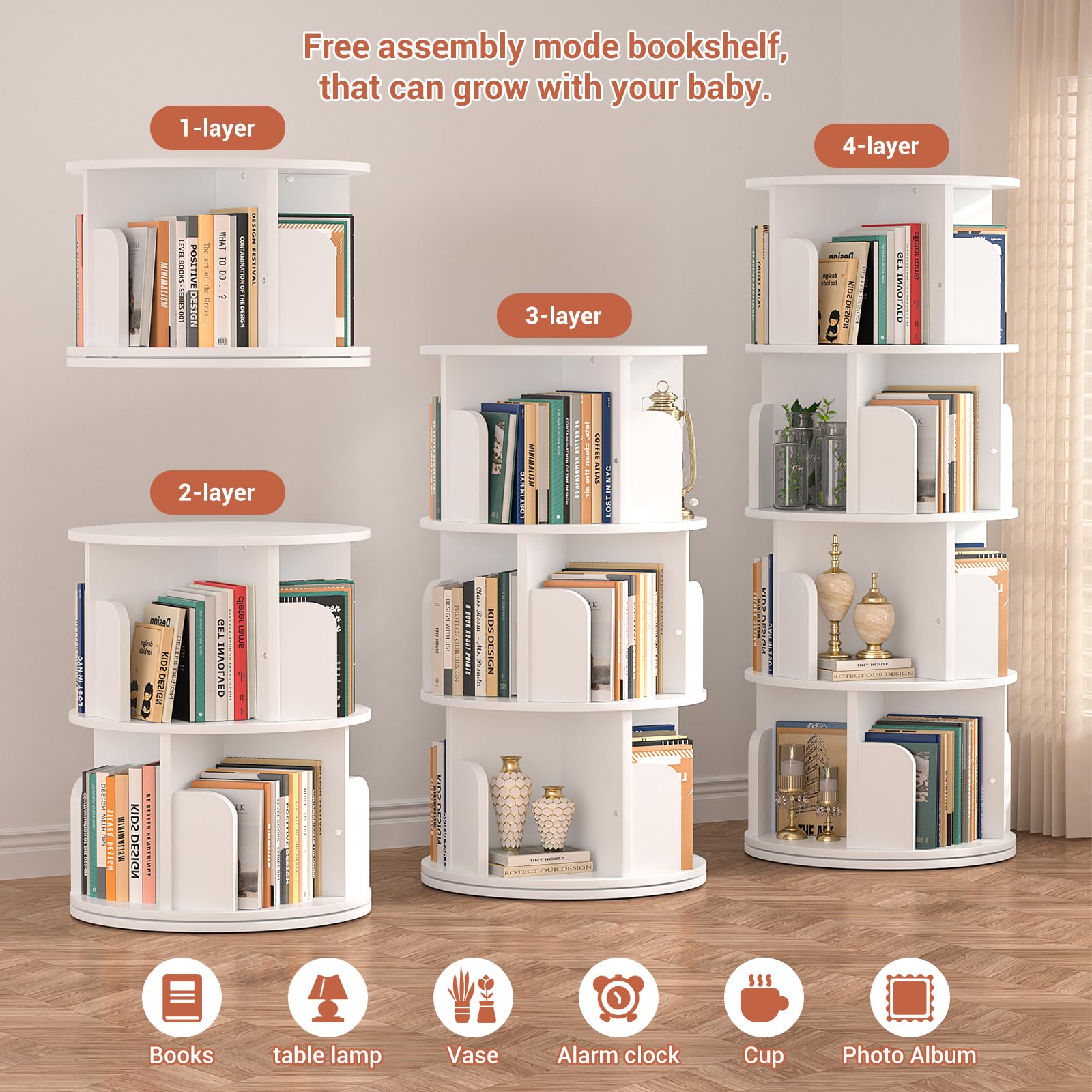 Besiost Rotating Bookshelf, Wood Corner Bookshelf, 360 Display Spinning Bookcase Storage Rack, 4 Tier Floor Standing Revolving Bookcase Narrow Book Shelf Organizer for Small Space, Bedroom, White