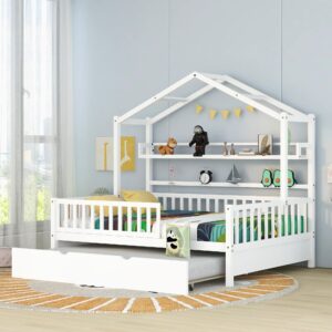 Bellemave Wooden Full Size House Bed with Trundle,Kids Full Playhouse Platform Bed Frame with Storage Shelves,Montessori Be for Kids Teens Girls & Boys (White)