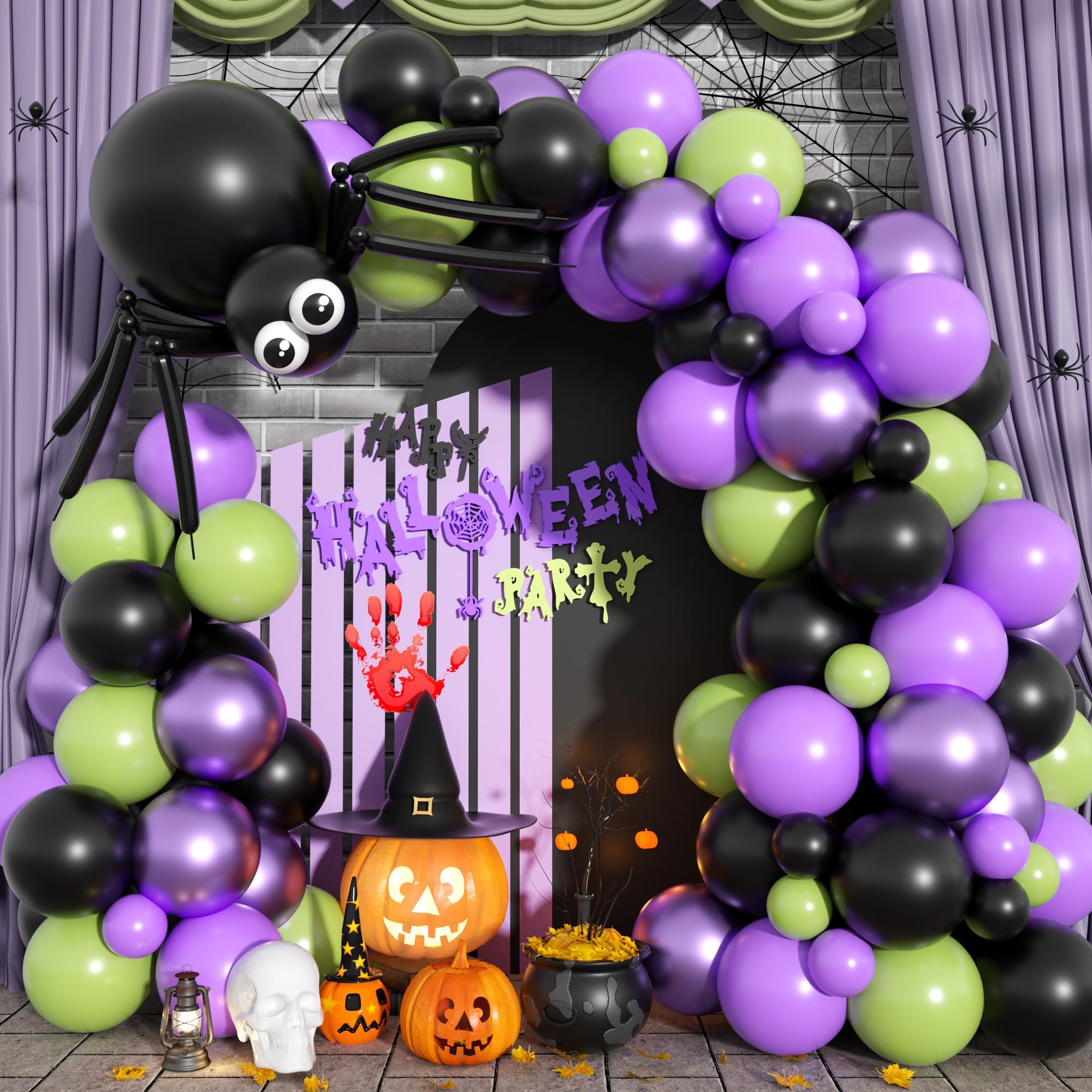 GRESAHOM Halloween Balloon Arch Garland Kit with DIY Big Spider Balloons, Purple Metallic Lime Green Black Balloons Garland with Eye Balloons for Kids Halloween Birthday Hocus Pocus Party Decorations