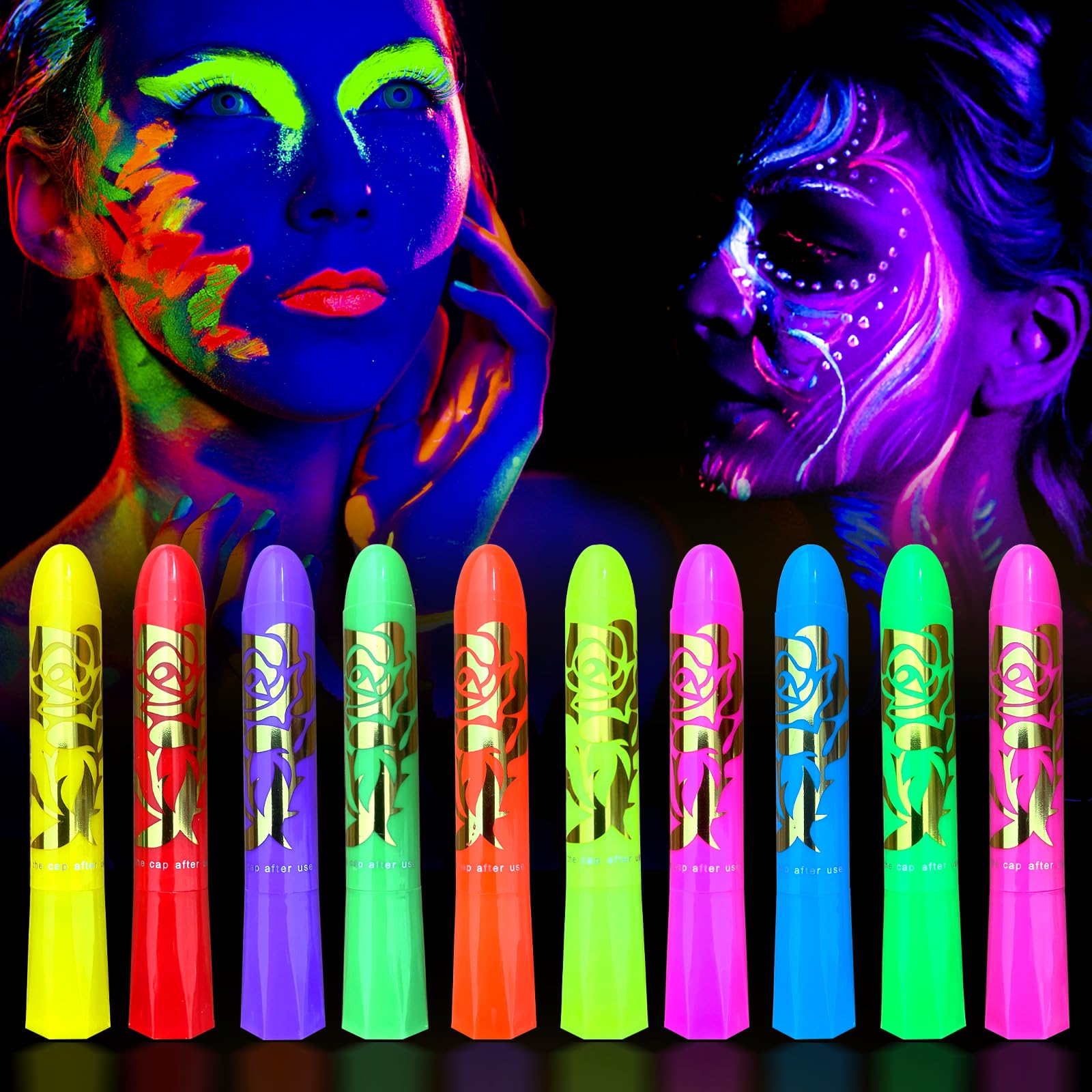 10 Color Glow in The Dark Face Paint,UV and Black Light Neon Face and Body Painting Set Mardi Gras Halloween Masquerade Black Light Birthday Party Masquerade Party Supplies (10 COLORS)