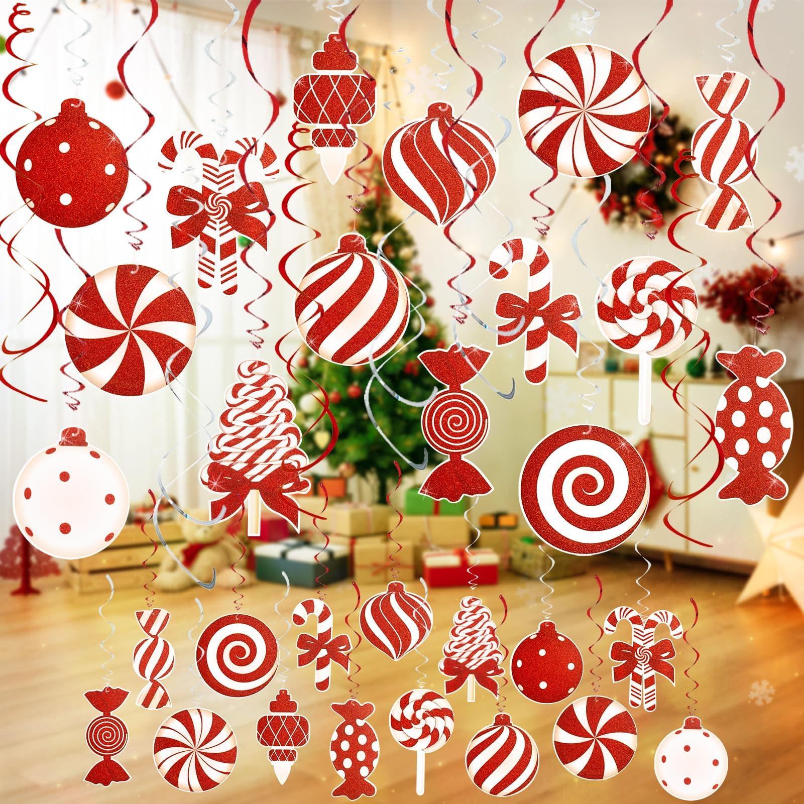 Candy Cane Christmas Party Decorations - 36pcs Red Candy Cane Lollipop Peppermint Christmas Hanging Swirls Decorations for Christmas Home Candyland Winter Holiday Party Decor Supplies