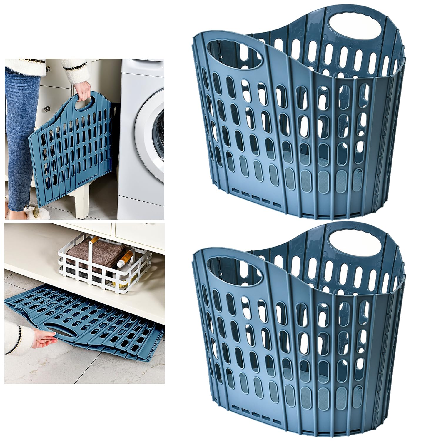 YARWAYER 2 Pack Laundry Hampers, Collapsible Plastic Laundry Basket, Shopping Bag with Carry Handle, Foldable Washing Bin Kitchen Storage for Bathroom, Camping, Supermarket and Car Trunk, Blue