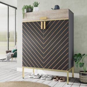 tribesigns shoe cabinet with drawers, 4-tier shoe organizer with removable shelves, modern shoe storage with doors for entryway, hallway, bedroom, gray/gold