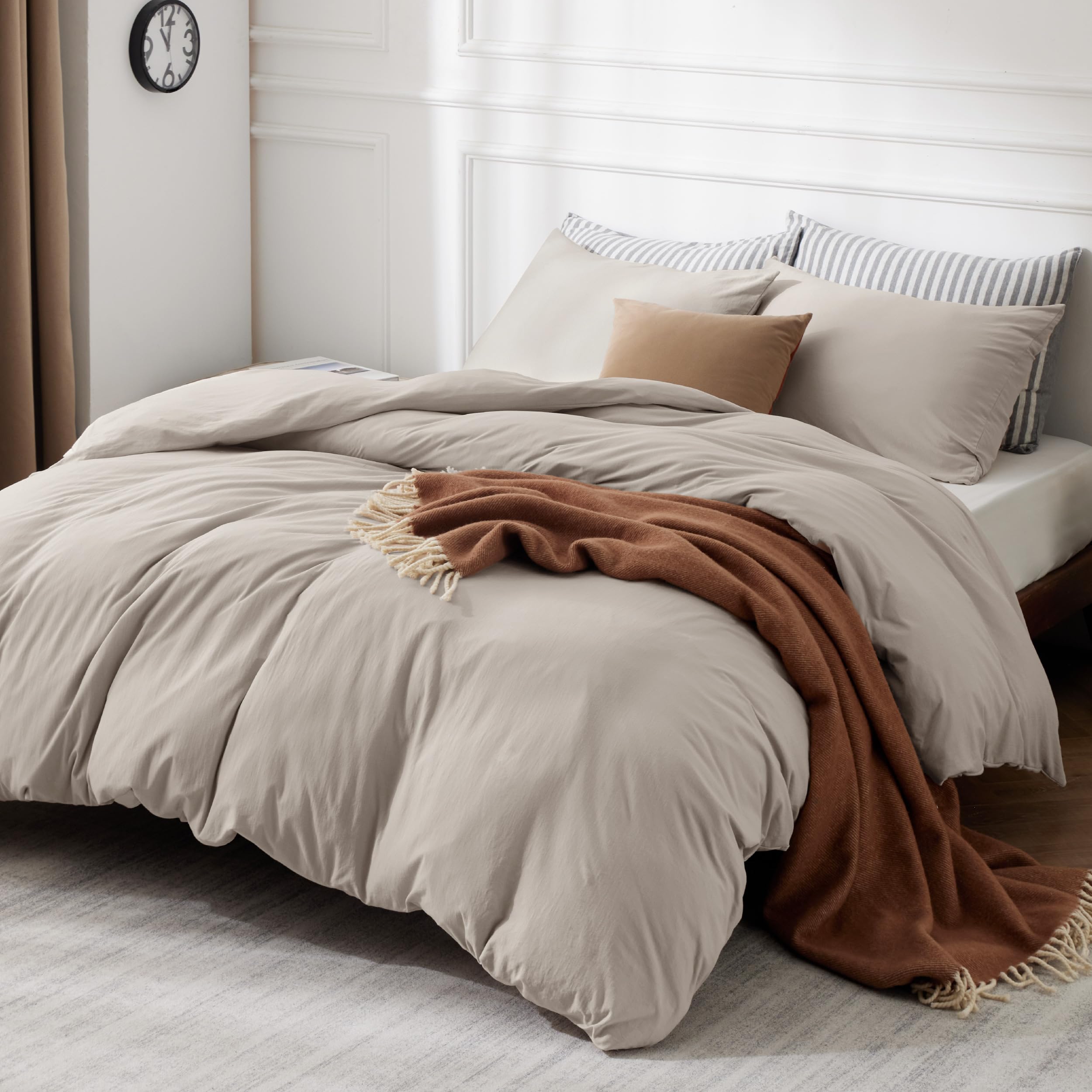 Bedsure Queen Prewashed Microfiber Duvet Cover Set + Tannish Linen 100% Jersey Knit Cotton Duvet Cover Set, Zipper Closure, Queen Size