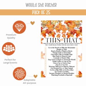 Fall in Love Bridal Shower Games – 25 Pack, Premium Quality 5x7 Cards, Fun Wedding Would She Rather Activity, Perfect for Rehearsal, Couples, Birthdays, and This or That Party Game