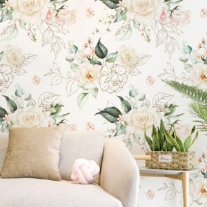 BaoHArtHome Floral Wallpaper Paper Peel and Stick Contact Paper Removable Pink Gold Leaf Easy Peel Off Vinyl Wallpaper Self Adhesive for Bedroom Living Cabinet Room Deco 17.7 in x6.6ft