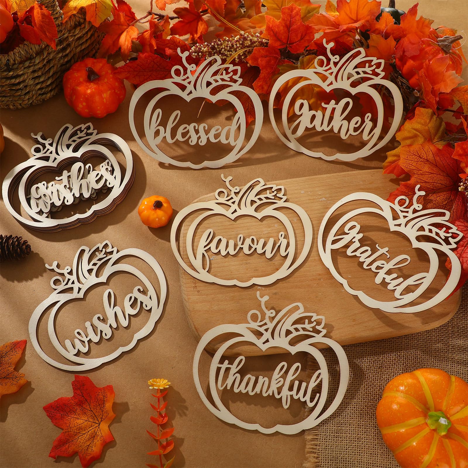 Qunclay 12 Pcs Thanksgiving Plate Decor Pumpkin Wood Cutouts Fall Thankful Blessed Thanksgiving Table Decor Fall Word Plate Sign Place Cards Settings for Autumn Rustic Letter Decorations