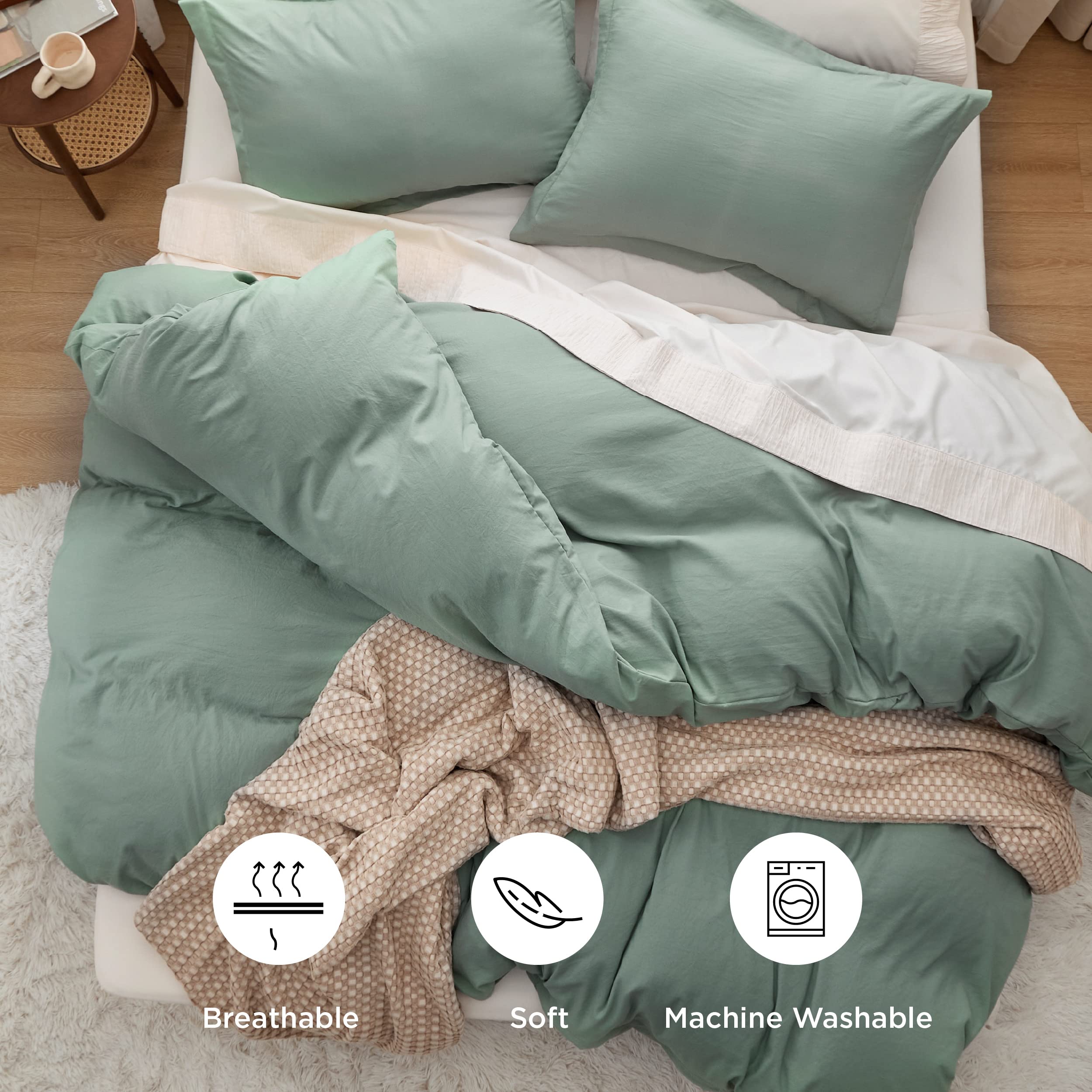 Bedsure Sage Green King Prewashed Microfiber Duvet Cover Set + Tannish Linen 100% Jersey Knit Cotton Duvet Cover Set, Zipper Closure, King Size