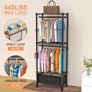 VyGrow Clothes Rack, Clothing Rack for Hanging Clothes, Kids Clothes Rack, 4 Tiers Adjustable Closet Organizer with Drawer | Double Rods | Side Hooks | Load 445lbs | 23" L x 13.18" W x 78.74" H