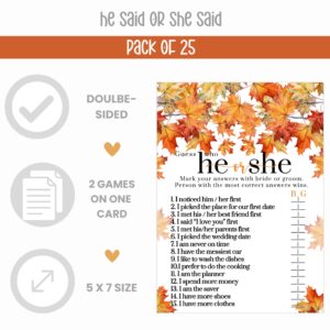 Fall in Love Bridal Shower Games – 25 Pack, He Said She Said & Bride Best, Fun Wedding Reception Activities, Couples Engagement Party, Boho Decor, Double-Sided Cards