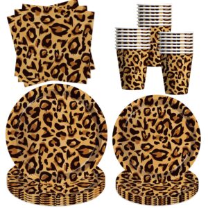 xenorik leopard print plates and napkins party supplies - cheetah print birthday decorations tableware, plate, cup, napkin, safari animal leopard theme birthday baby shower party supplies | serve 24