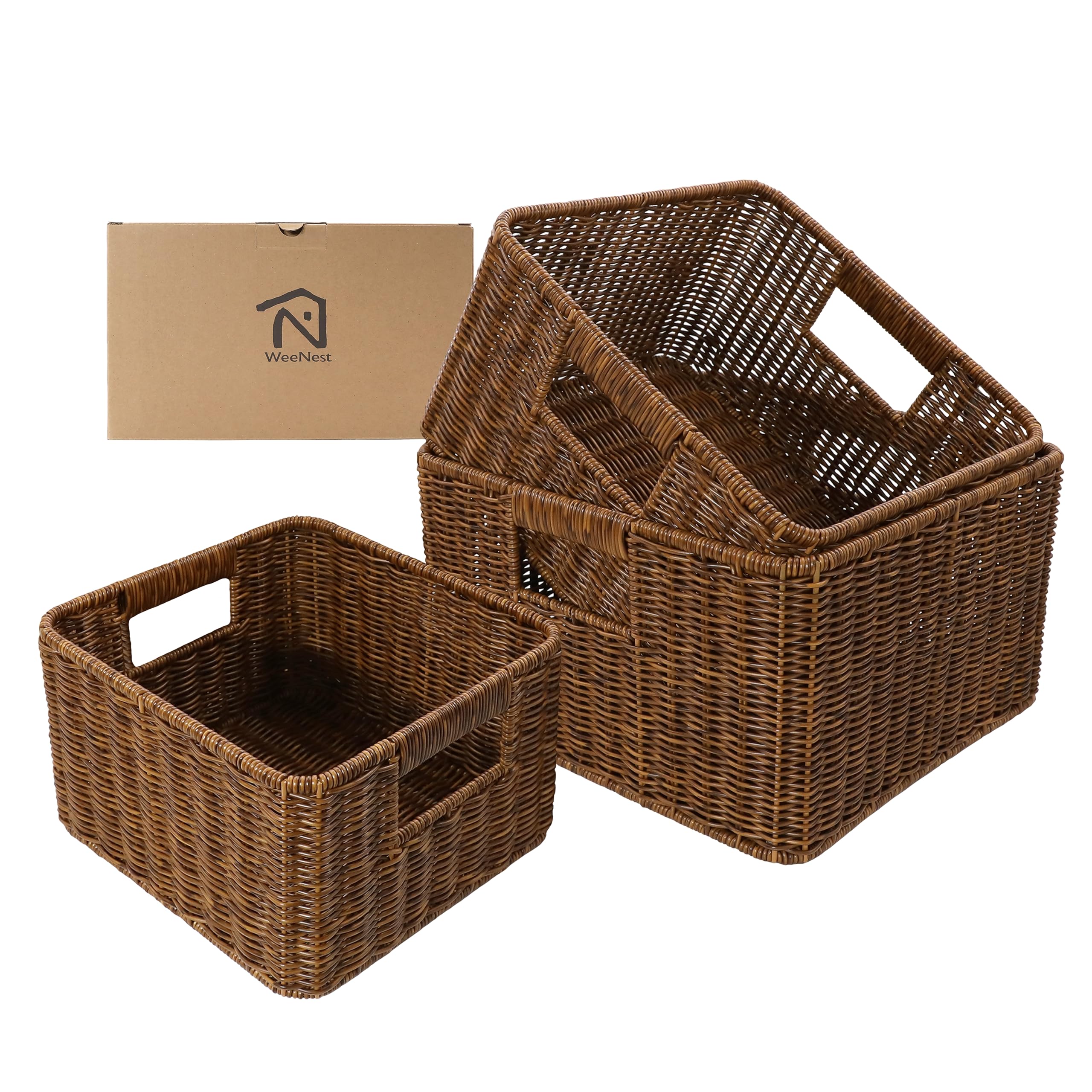 WeeNest Storage Basket, Wicker Storage Cubes, Wicker Basket, Pantry Basket, Wicker Storage Baskets, Basket with Handle, Square Basket, Resin Wicker Set of 3, Toffee