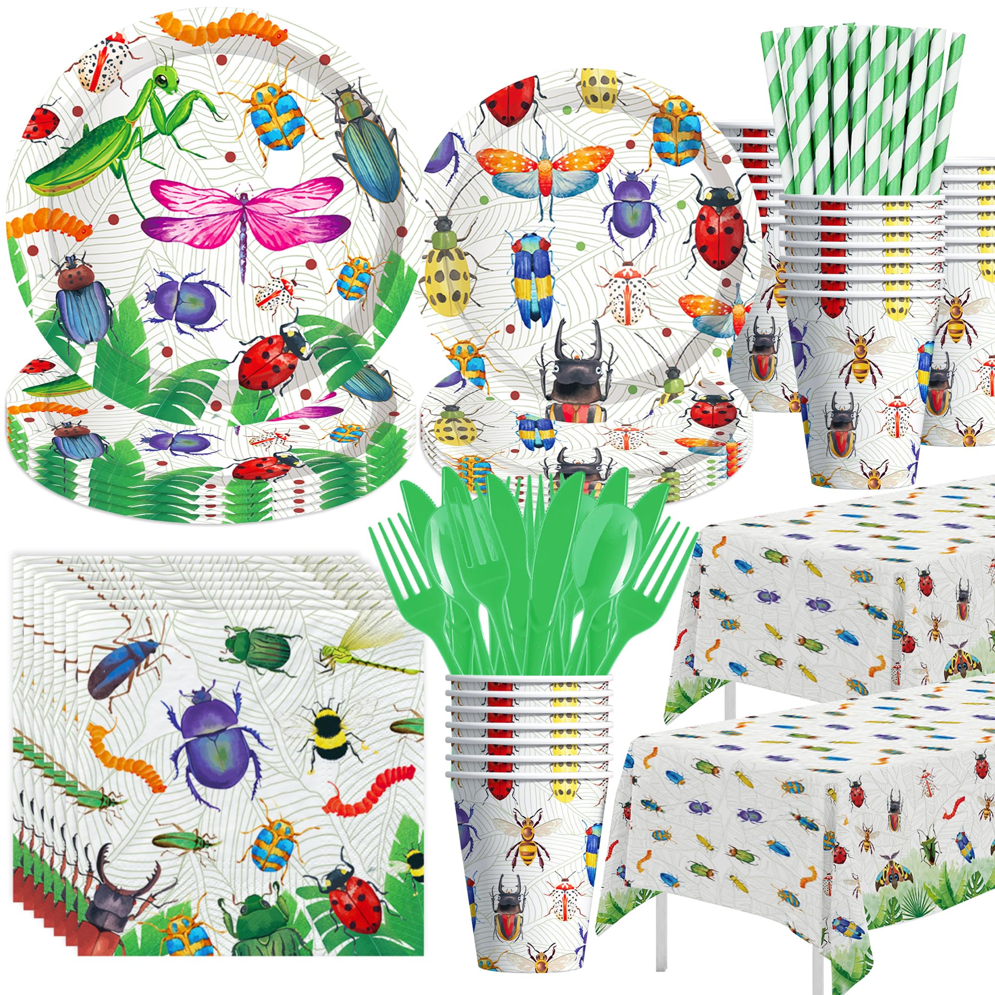 Xenorik Bug Birthday Party Decorations Tableware - Bug Party Supplies, Plate, Cup, Napkin,Tablecloth, Cutlery, Spring Summer Nature Insect Theme Birthday Baby Shower Party Decorations | Serve 24