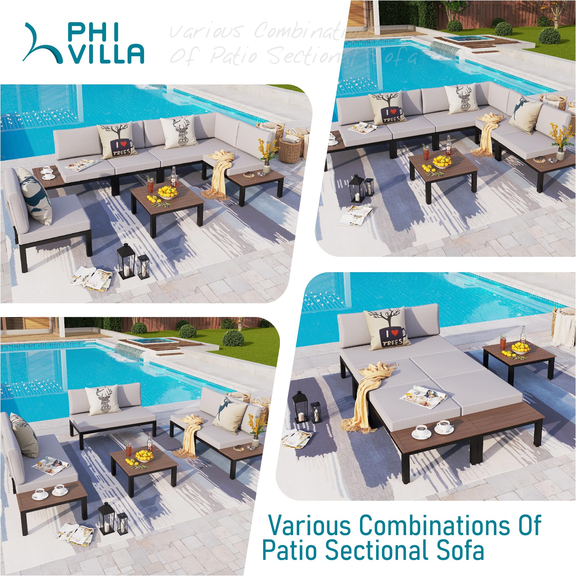 PHI VILLA Metal Patio Furniture Set 6 Piece Modular Modern Outdoor Sectional Sofa Garden Bench Set with Wrought Iron Coffee Table, Light Grey Cushion