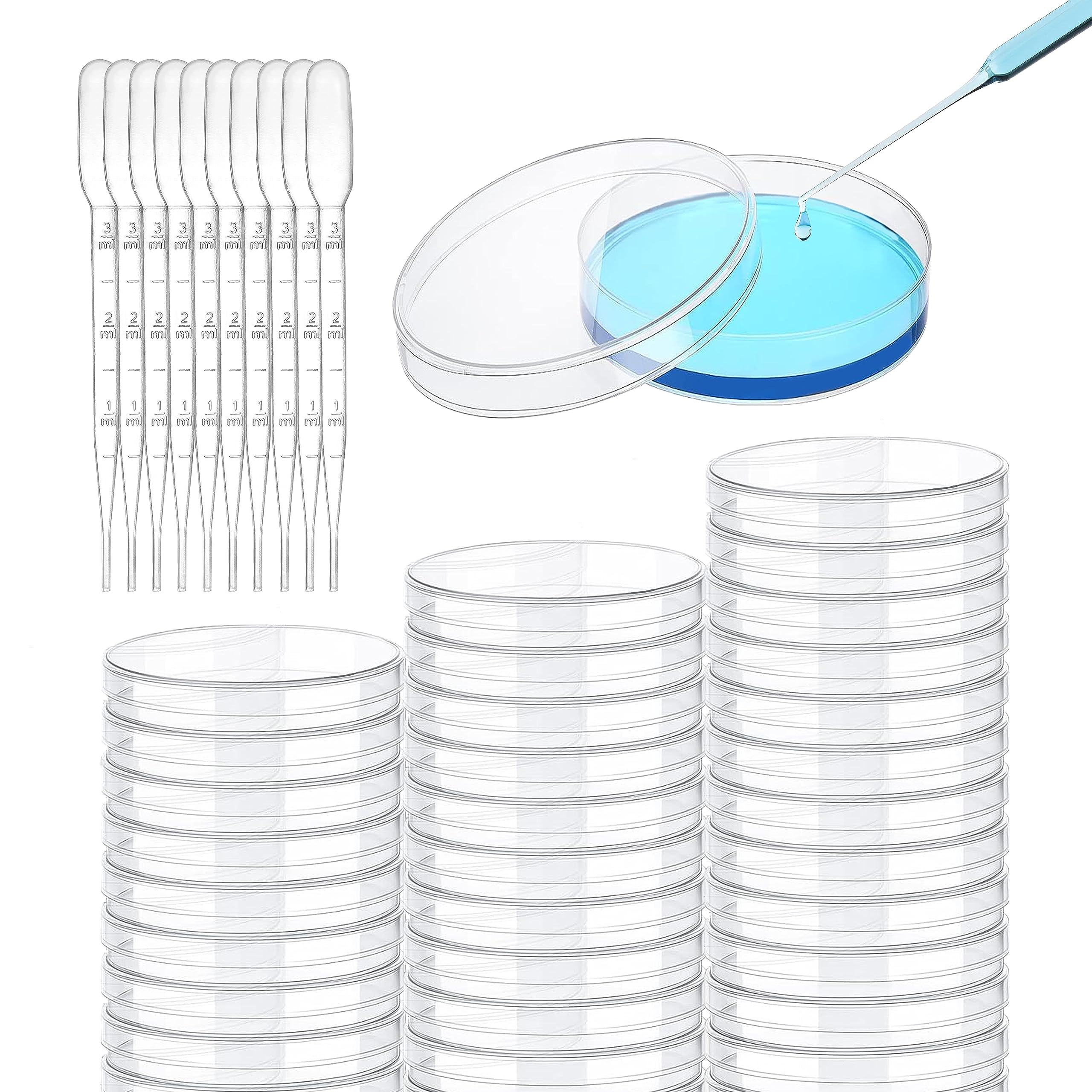 20 Pack Sterile Plastic Petri Dishes with Lid, 90mm Dia x 15mm Deep with 10 Plastic Transfer Pipettes (3ml),for School Lab Petri Plate Dish, Blood Samples, Bacteria, Plant & Seed Cultivation Cell.