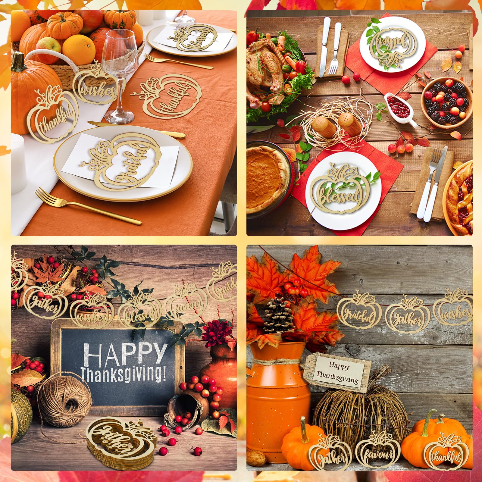 Qunclay 12 Pcs Thanksgiving Plate Decor Pumpkin Wood Cutouts Fall Thankful Blessed Thanksgiving Table Decor Fall Word Plate Sign Place Cards Settings for Autumn Rustic Letter Decorations