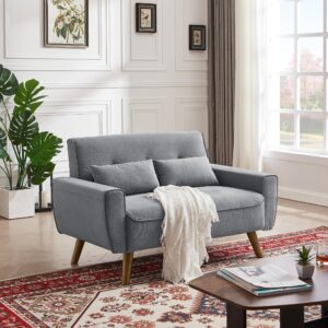 jarenie 48" loveseat sofa, 2 seater love seat mid century modern small couches for living room bedroom apartment, 2 throw pillows and wooden legs, light grey