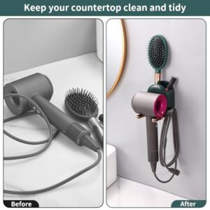 letaii Hair Dryer Holder Wall Mounted, 2-in-1 Self Adhesive Blow Dryer Holder for Bathroom, Fits Dyson Hair Dryers & More, Dark Green