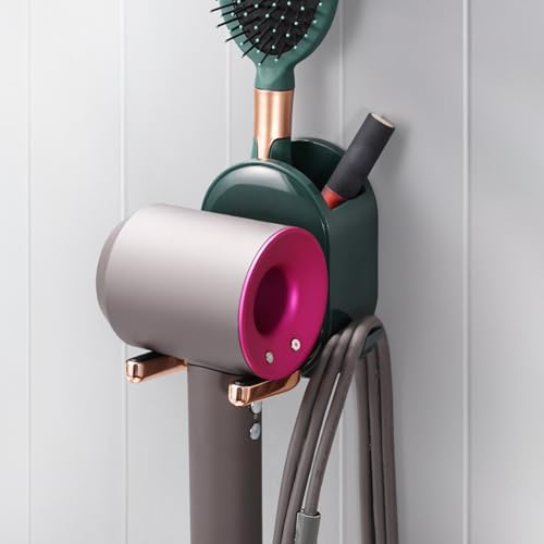 letaii Hair Dryer Holder Wall Mounted, 2-in-1 Self Adhesive Blow Dryer Holder for Bathroom, Fits Dyson Hair Dryers & More, Dark Green