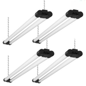 vevor 4 pack led shop light, 4 ft, 40w linkable shop light fixture, 4500 lm surface & hanging mount ceiling lights 59 in power cords with on/off switch, for garage warehouse home workkshop and office