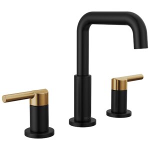 delta faucet nicoli widespread bathroom faucet 3 hole, black/ gold bathroom faucet, 2 handle bathroom faucet, bathroom sink faucet, drain assembly, matte black/ champagne bronze 35849lf-gz