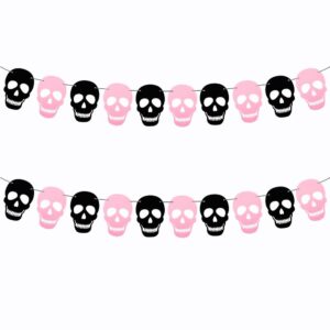 saktopdeco 2 pack black pink skull garland banner felt skeleton garland halloween banner for diy gothic decorations halloween home decor