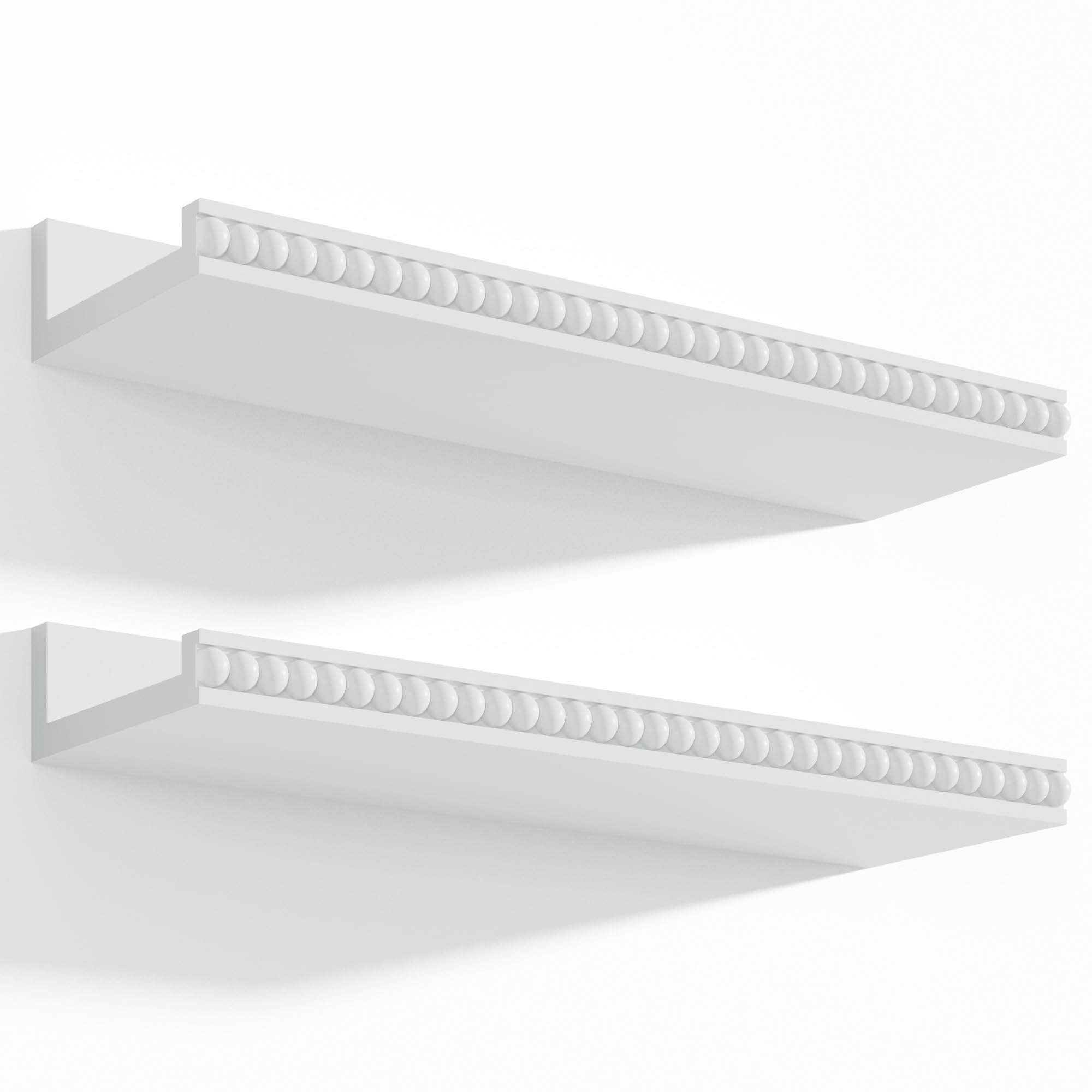 Alsonerbay Floating Shelves Wall Mounted Set of 2, Modern White Shelves with Lip, Wood Wall Shelves with Wooden Beads for Bedroom Living Room Bathroom Office and More White