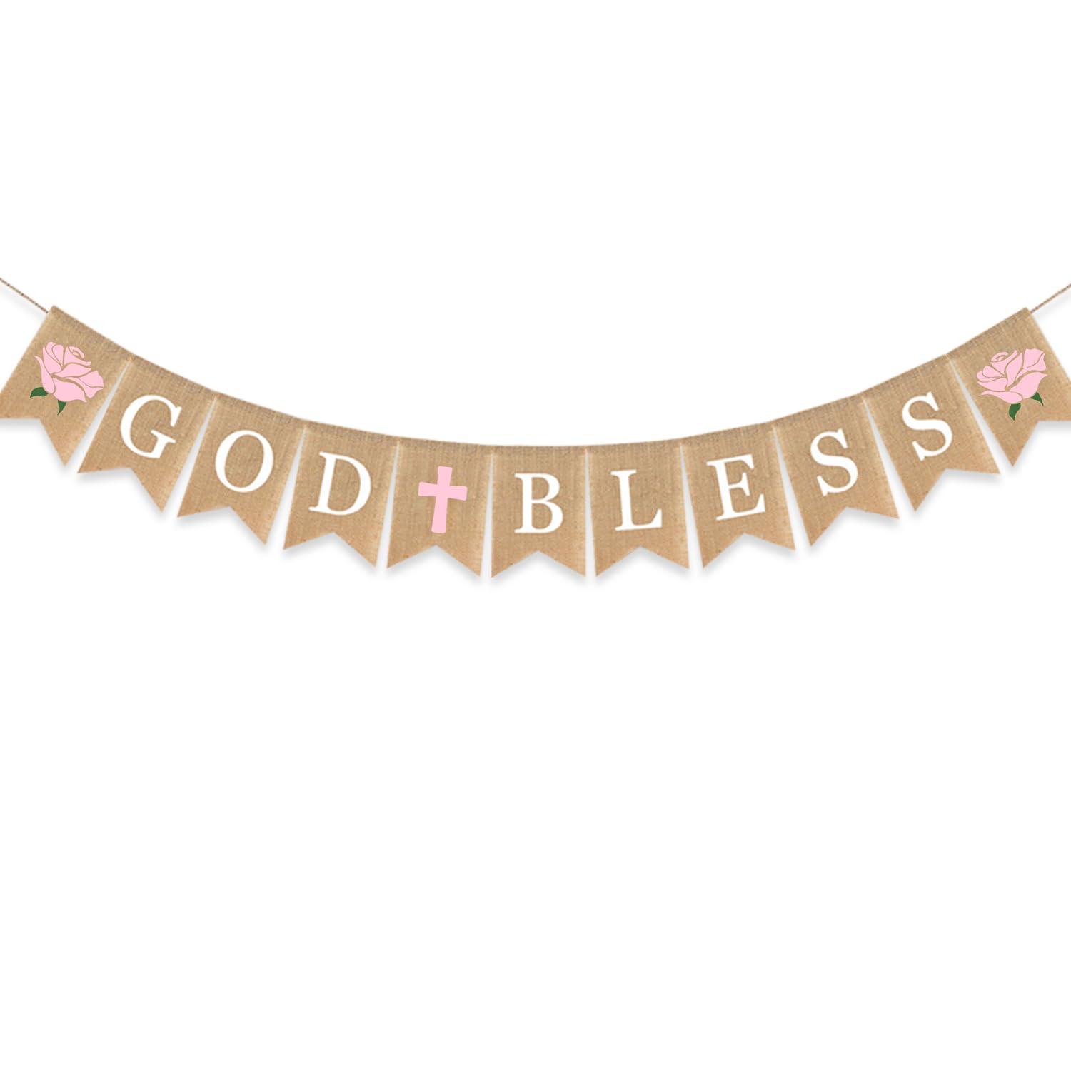 Flower God Bless Banner Baptism Burlap Garlands Girl Pink Cross Floral First Communion Christening Decoration