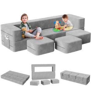 mooitz modular kids play couch, 5 in 1 kids couch with 3 ottomans for playroom bedroom, extra large modular kids couch for boys and girls, kids play couch for kids