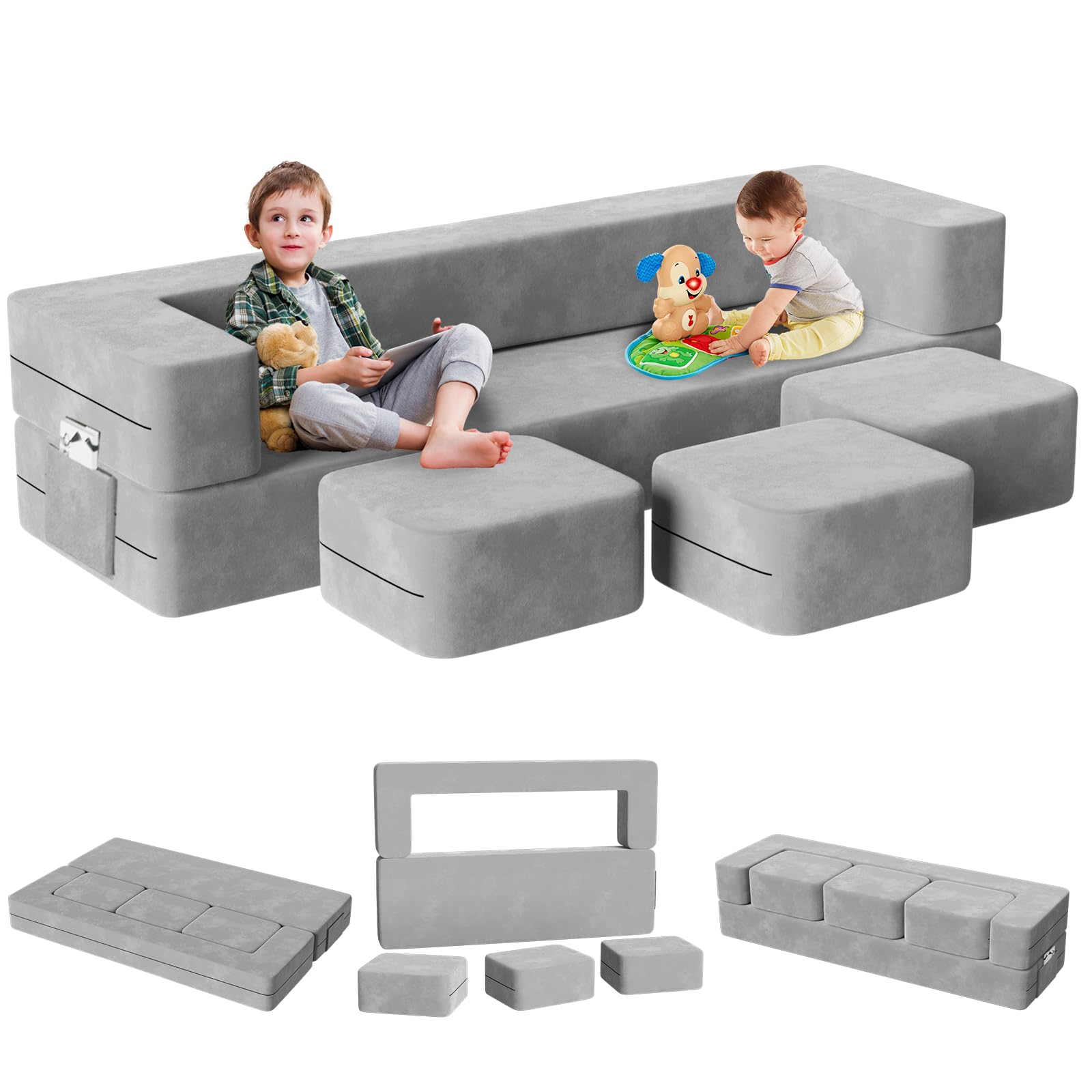 MOOITZ Modular Kids Play Couch, 5 in 1 Kids Couch with 3 Ottomans for Playroom Bedroom, Extra Large Modular Kids Couch for Boys and Girls, Kids Play Couch for Kids