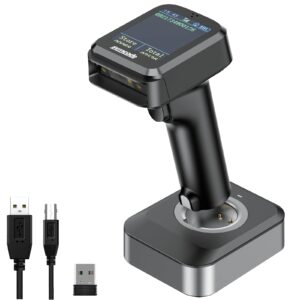 symcode pro 1d 2d qr wireless barcode scanner with display screen battery level indicator time display works with bluetooth with charging cradle base for warehouse supermarket library