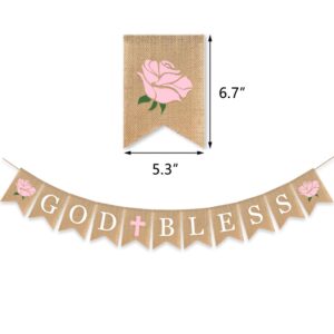 Flower God Bless Banner Baptism Burlap Garlands Girl Pink Cross Floral First Communion Christening Decoration