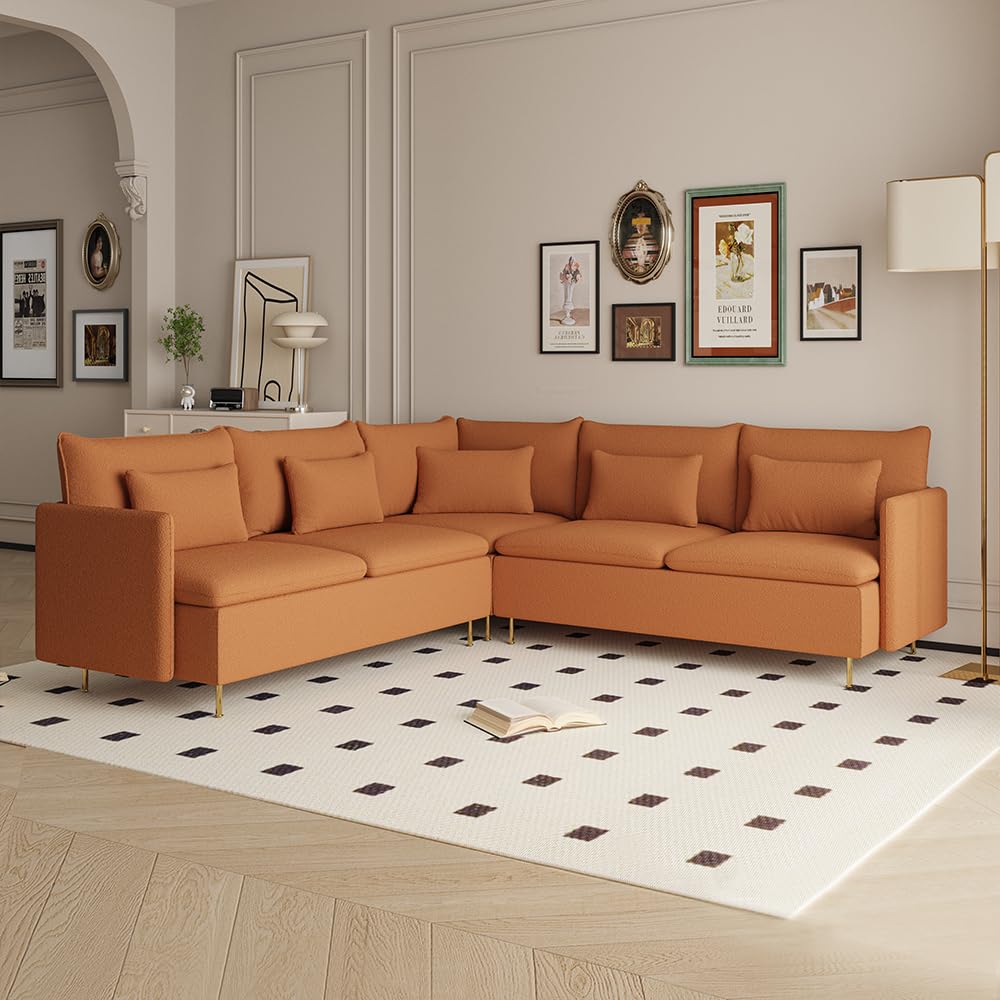 BAMOOLI 92 × 92'' Modular Sectional Couch, Comfy Boucle Teddy Fabric Corner Sofa, L Shape Sectional Sofa 5-Seater Couch with Gold Metal Legs, Corner Couch for Living Room, Bedroom, Apartment, Orange