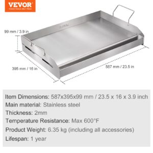 VEVOR Stainless Steel Griddle, 23.5"x16" Pre-Seasoned Stove Top Griddle, Rectangular Double Burner Griddle Pan, Non-Stick Family Pan Cookware with Handles and Oil Groove, for BBQ, Gas Grills, Silver