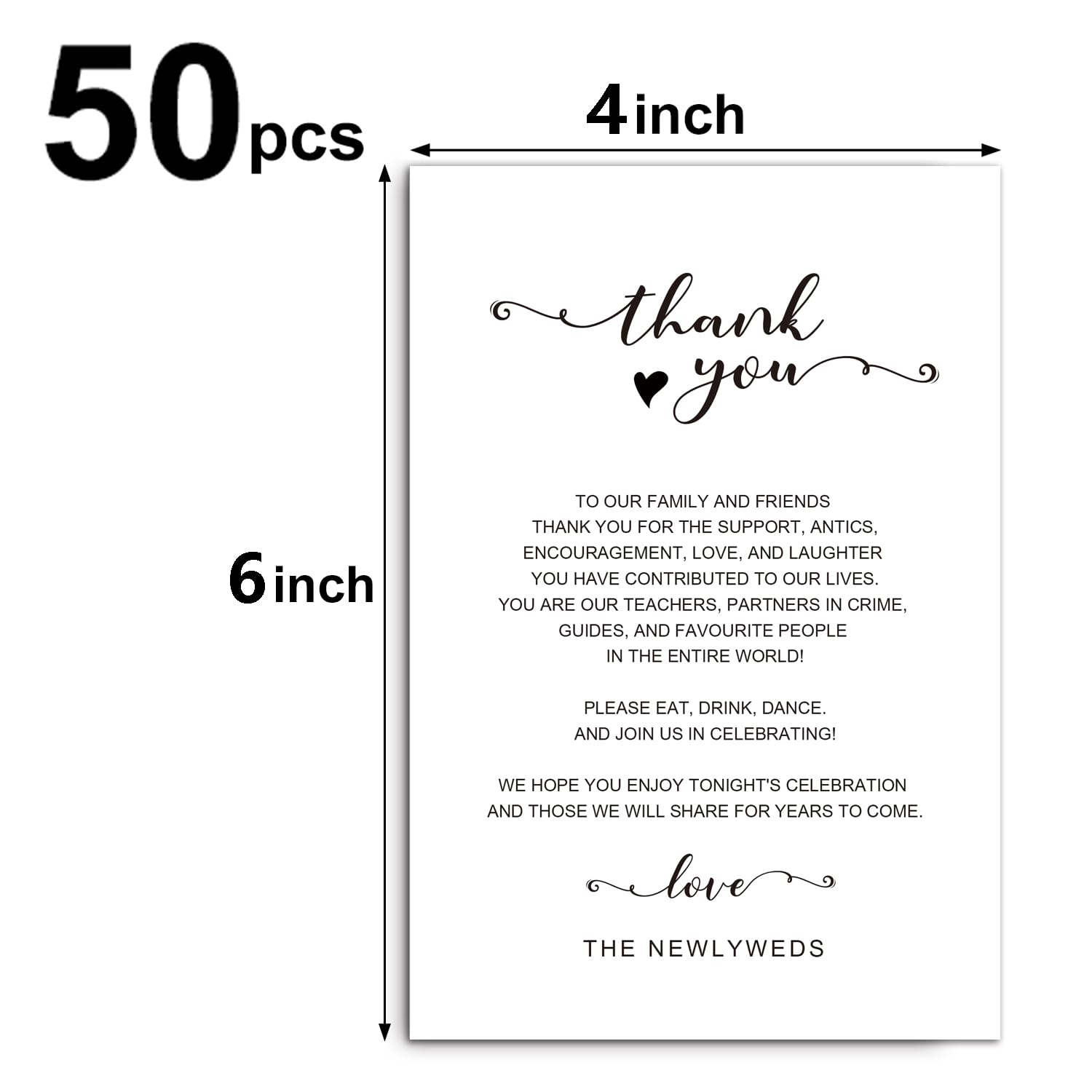 50 Wedding Thank You Place Cards, Wedding Thank You Table Signs, Menu Place Setting Card Notes and Placement Thank You Note Favors for Weddings, Receptions, Rehearsals, Dinner Parties, and Events.