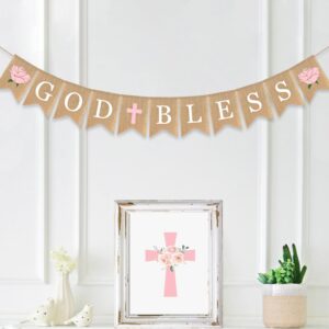 Flower God Bless Banner Baptism Burlap Garlands Girl Pink Cross Floral First Communion Christening Decoration