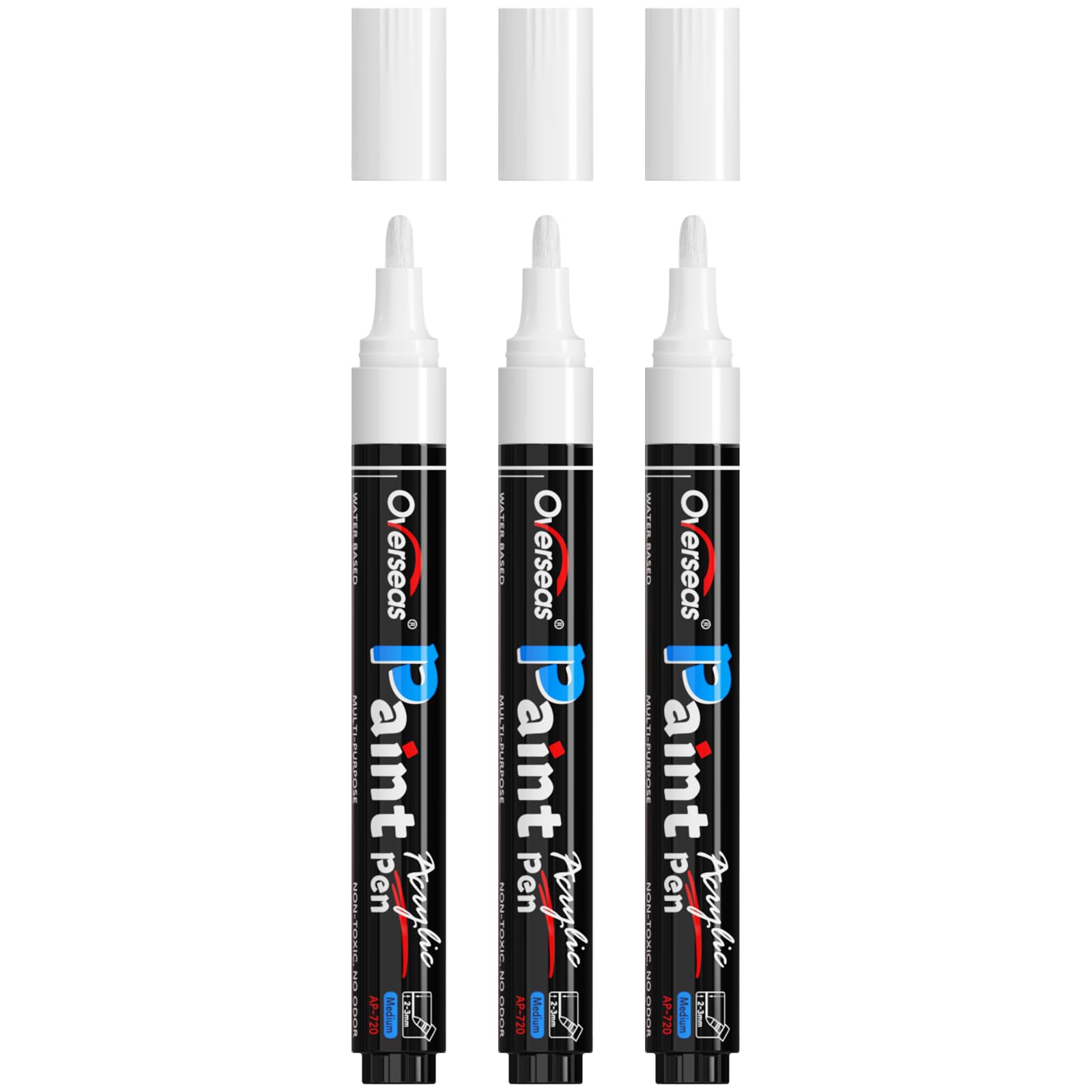 Overseas White Paint Pens Paint Markers - Permanent Acrylic Markers 3 Pack, Water Based, Quick Dry, Waterproof Paint Marker Pen for Rock, Wood, Plastic, Metal, Canvas, Glass, Fabric, Mugs. Medium Tip