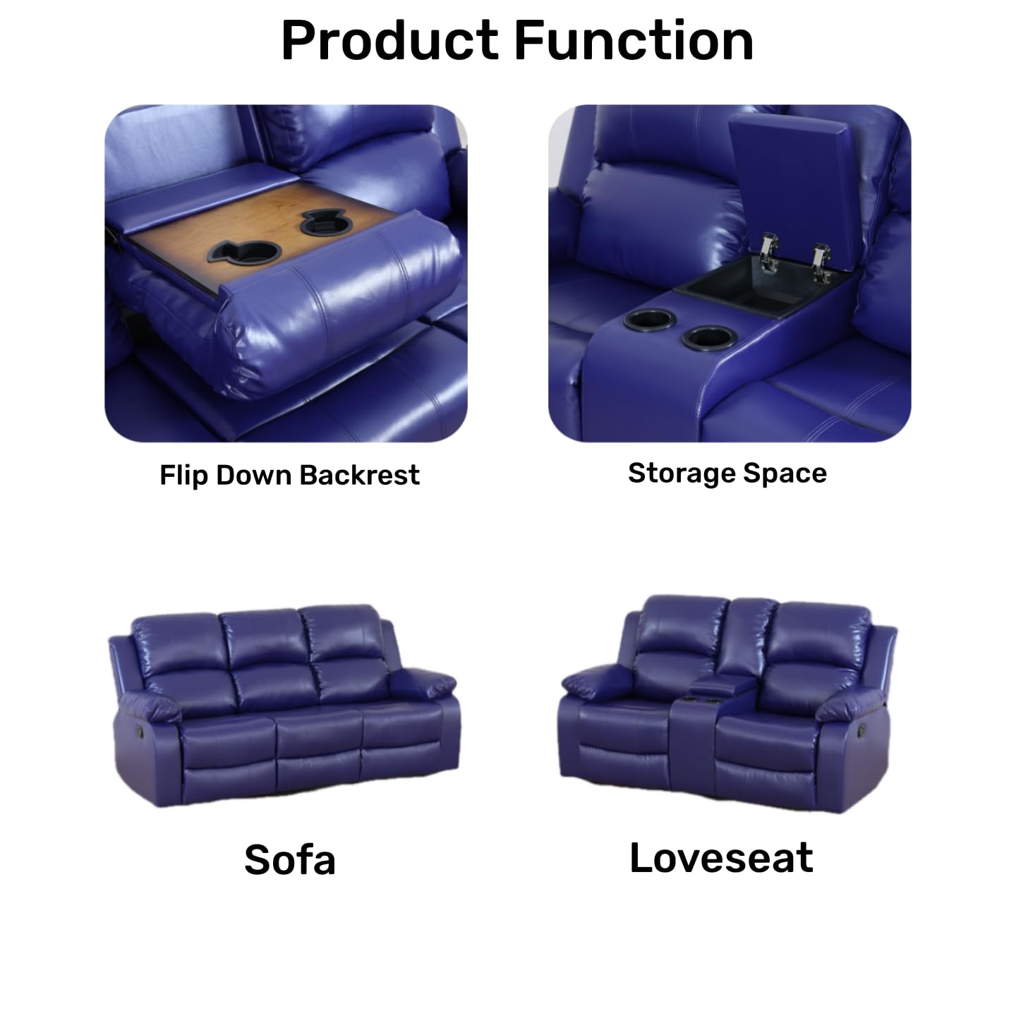 Caberryne 2 Pieces Leather Recliner Sofa Set，Recliner Sofa and Loveseat Sets for Living Room Furniture Sets，Dark Blue Recliner Couch Set for Living Room/Office/Theater Seating(Sofa Set 2 Pieces)