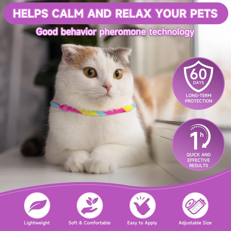 Woyamay 4 Pack Calming Collar for Cats, Adjustable Cat Calming Collar for Cat Anxiety Relief, Cat Pheromones Collar, Water-Resistant & Breakaway Calming Cat Collars, Long-Lasting 60 Days, Iridescent