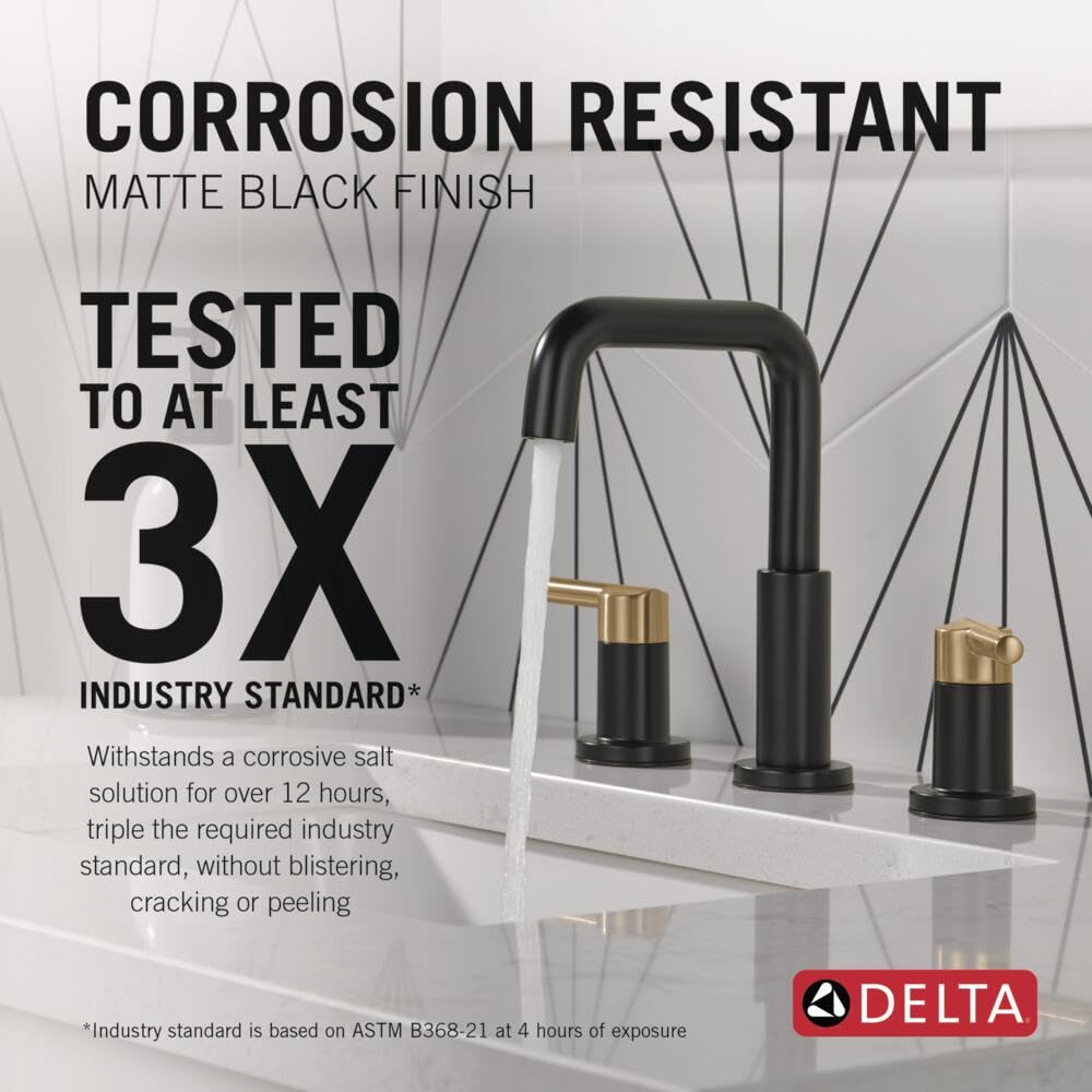 Delta Faucet Nicoli Widespread Bathroom Faucet 3 Hole, Black/ Gold Bathroom Faucet, 2 Handle Bathroom Faucet, Bathroom Sink Faucet, Drain Assembly, Matte Black/ Champagne Bronze 35849LF-GZ