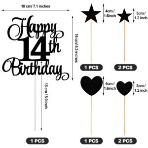 14th Birthday Cake Decorations Set Include 14th Birthday Candles Numeral 14 Cake Candles and Happy 14th Birthday Cake Toppers with Heart Star Cupcake Picks for Birthday Party (Black Series)