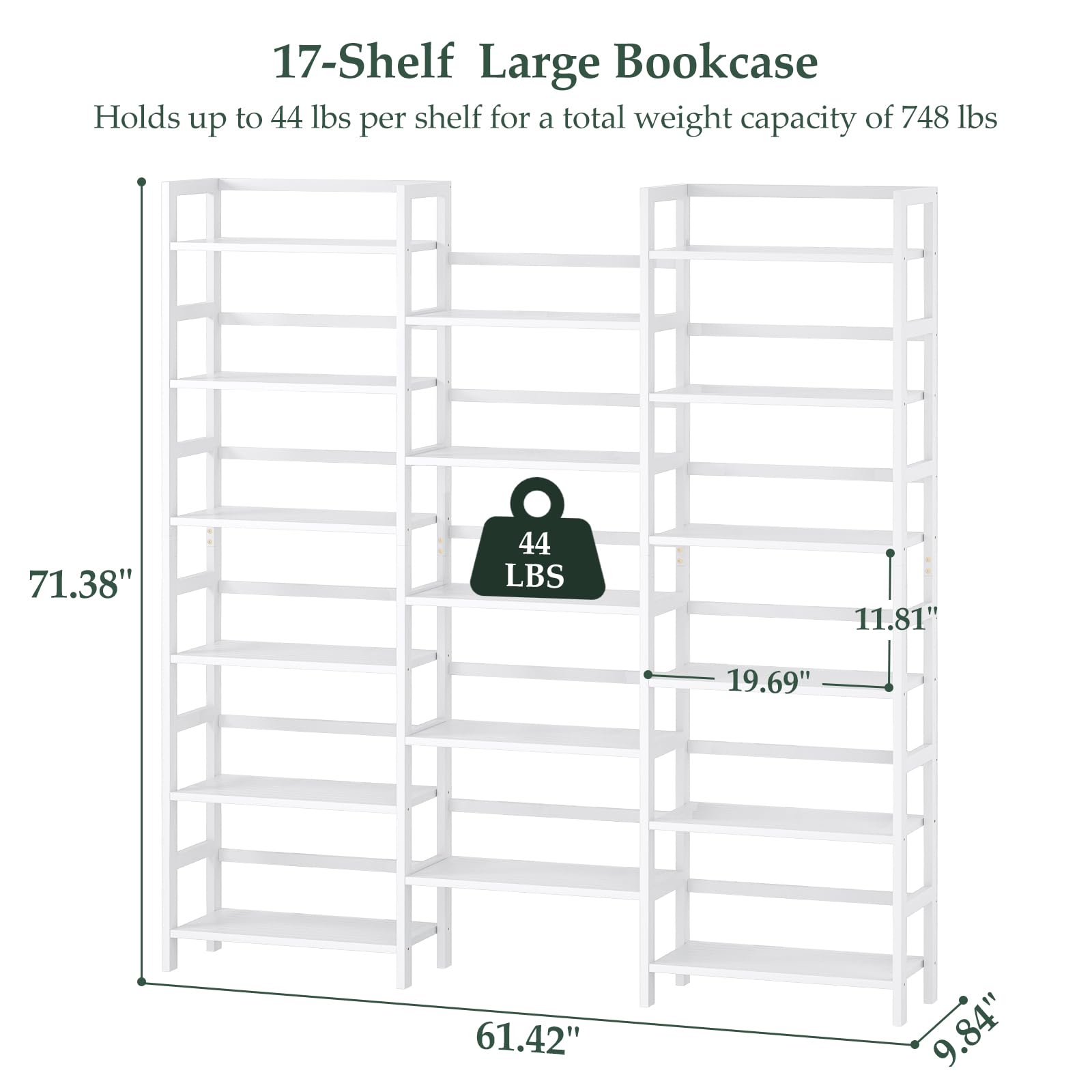 Homykic Bamboo Triple Wide Shallow Bookshelves and Bookcases, 6-Tier 6ft Tall Bookshelf with 17 Open Display Shelves, Super Large Freestanding Book Shelf for Home Office, Bedroom, Living Room, White