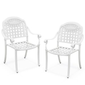 giantex stackable outdoor chairs set of 2, all weather cast aluminum patio chairs for lawn porch garden yard, bistro dining chairs with armrests, adjustable foot pads, easy assembly (1, white)