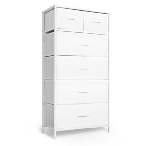 mifuro tall dresser for bedroom, vertical storage organizer tower with 6 drawers, chest of drawers with fabric bins, steel frame, wood top for bedroom, closet, entryway- white