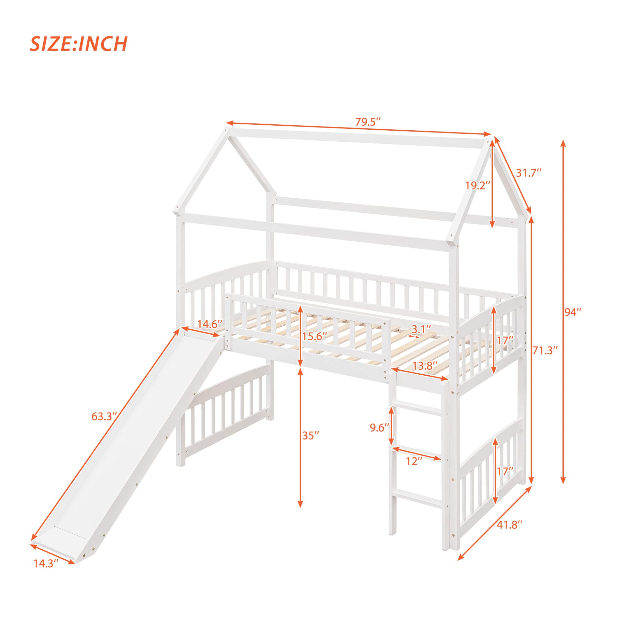 DEYOBED Twin Size Wooden Loft Bed Frame with Rolling Portable Desk Cabinet and Storage Shelves for Kids Teens