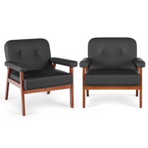 sthouyn mid century faux leather black accent chairs set of 2 with wood arms, comfy reading chair small spaces, armchair comfortable chairs living room bedroom office, easy assembly (2, black)